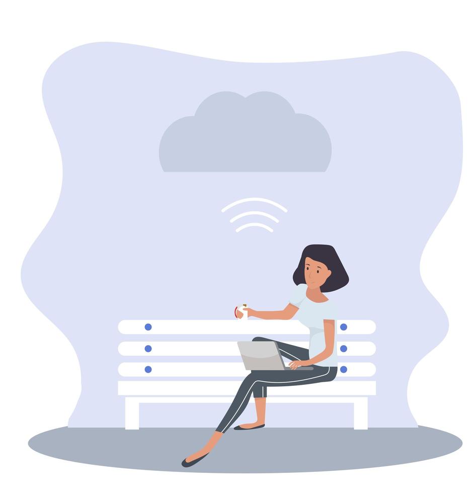 Woman Sitting on a Bench Working on a Laptop vector