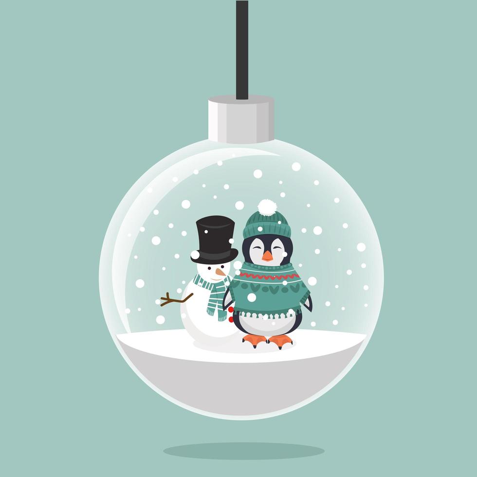 Penguin and Snowman Inside a Christmas Ornament vector