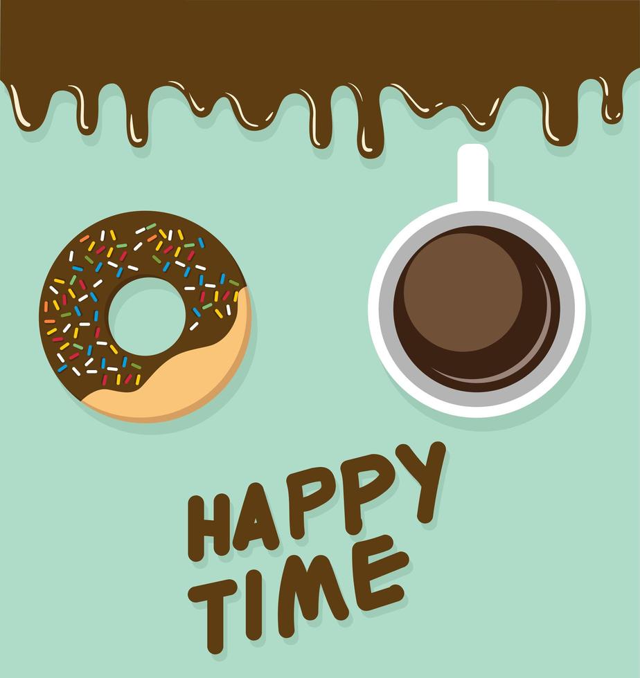 donas y borde de chocolate goteando, texto de tiempo feliz vector