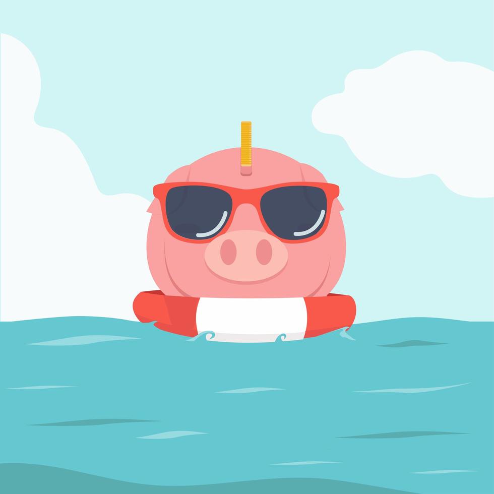 Cool Piggy Bank Floating on Life Preserver vector