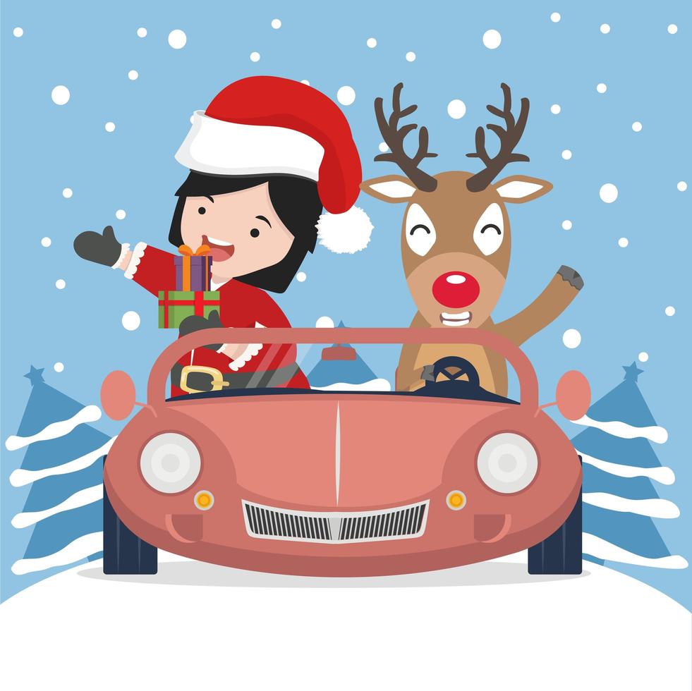 niña con gorro de Papá Noel y un reno en un coche vector