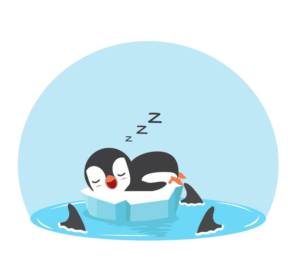 pingüino durmiendo sobre un témpano de hielo rodeado de tiburones vector