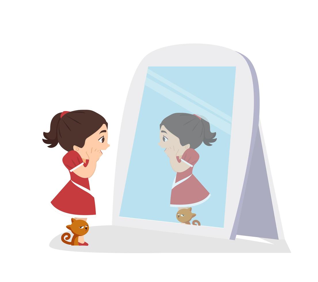 Cute Girl and Cat Looking Into a Mirror vector