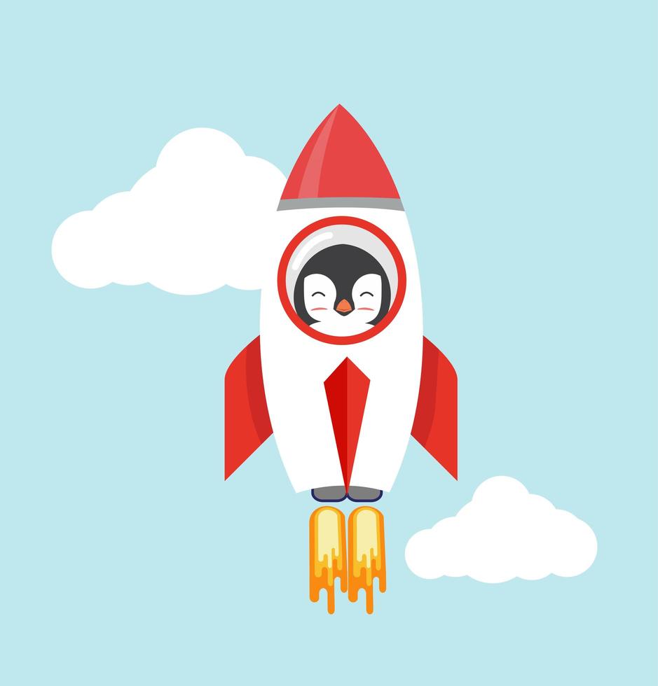 Penguin in a Rocket Flying Into the Sky vector
