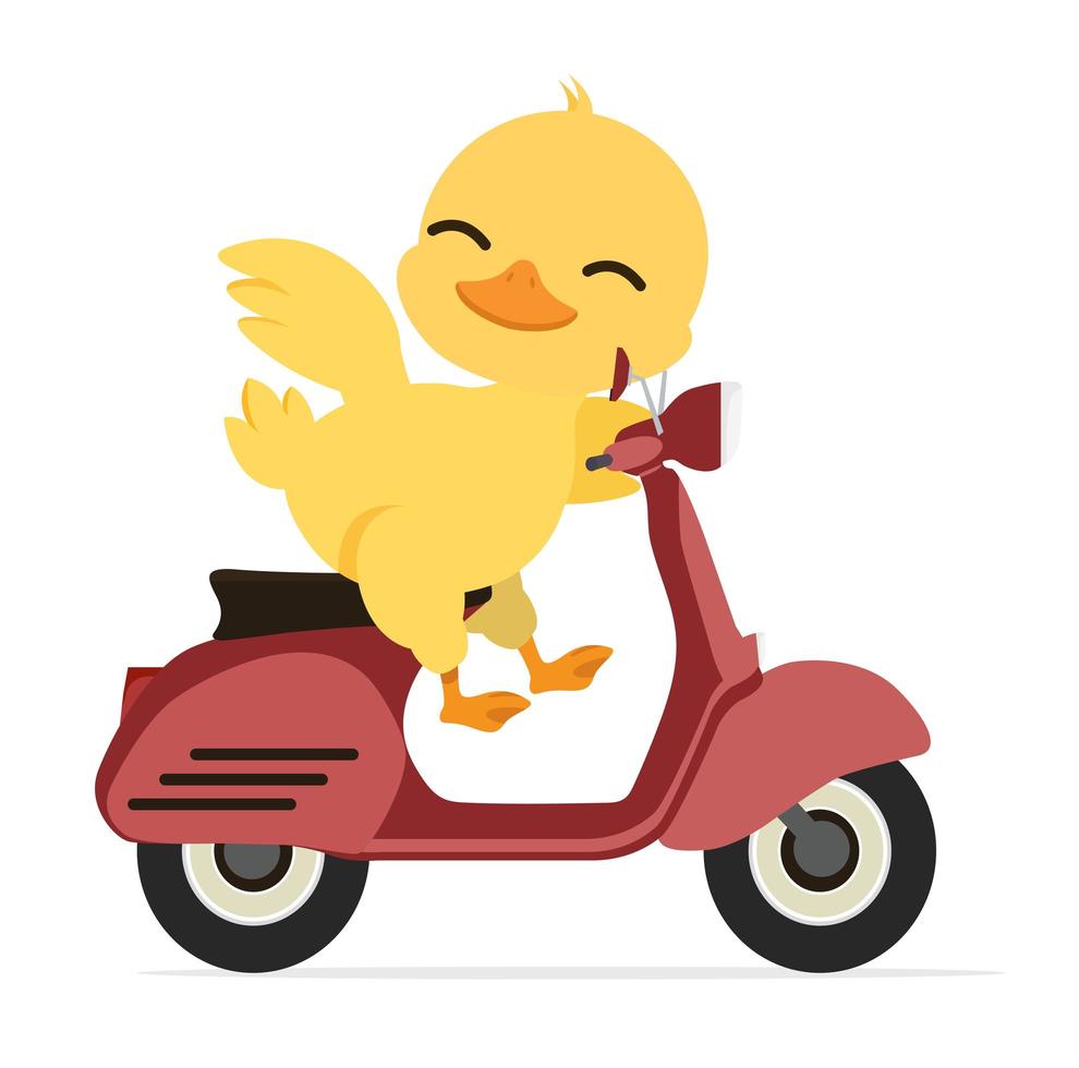 lindo pato amarillo montando un scooter rojo vector