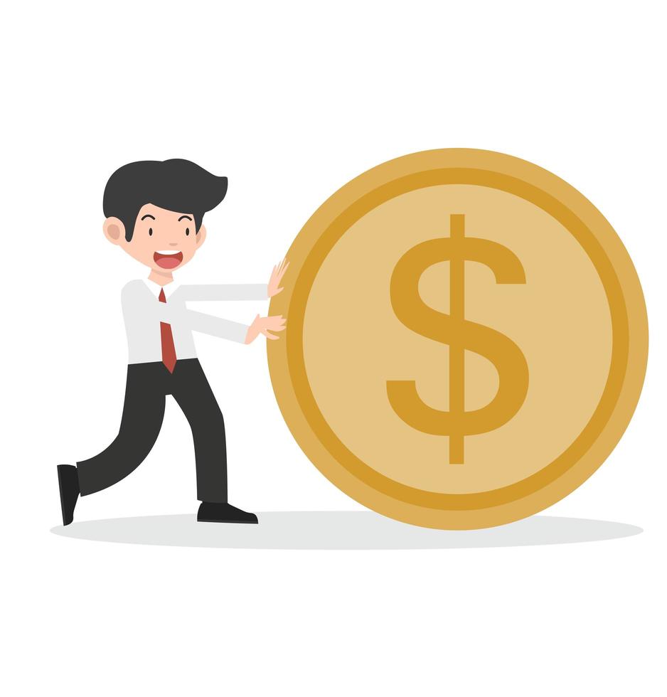 Happy Businessman Rolling a Big Gold Coin vector