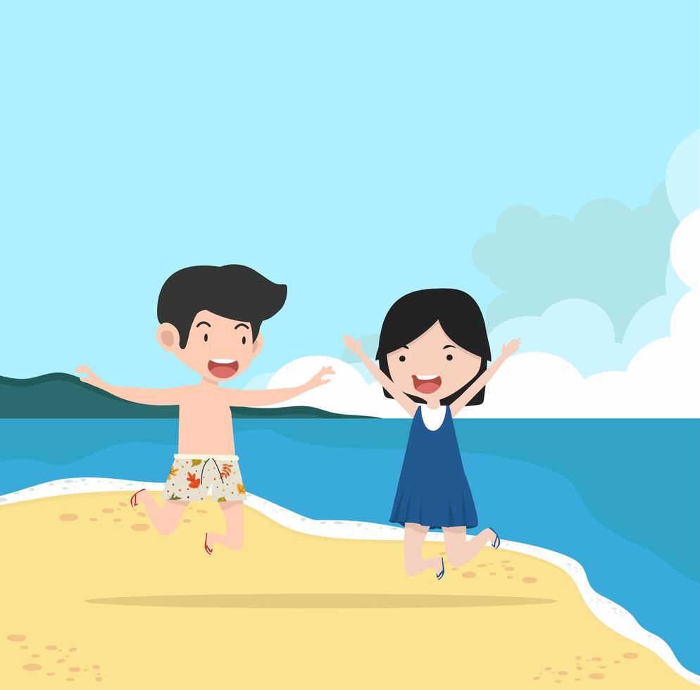 Boy and girl running along a summer beach vector