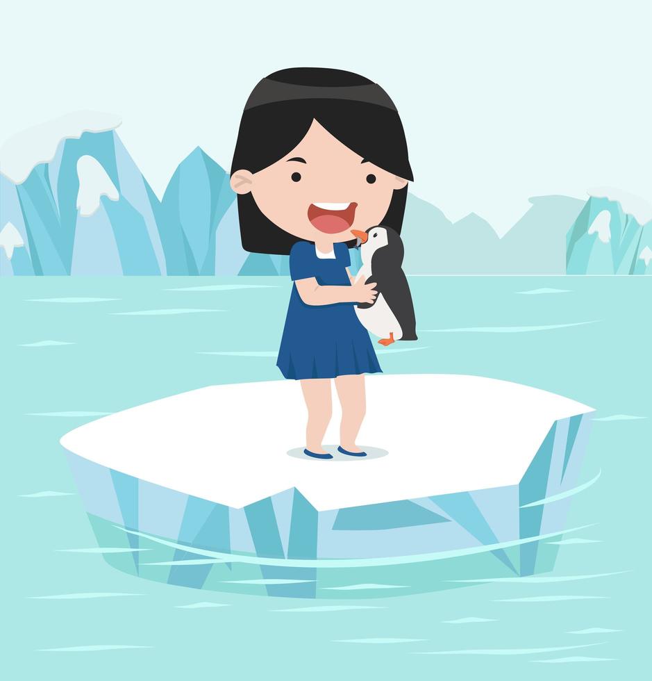 Girl holding a penguin on an Arctic ice floe vector