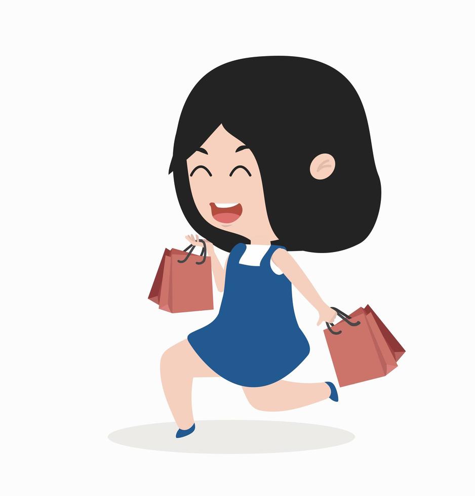 Chica adicta a las compras feliz corriendo con bolsas de la compra. vector