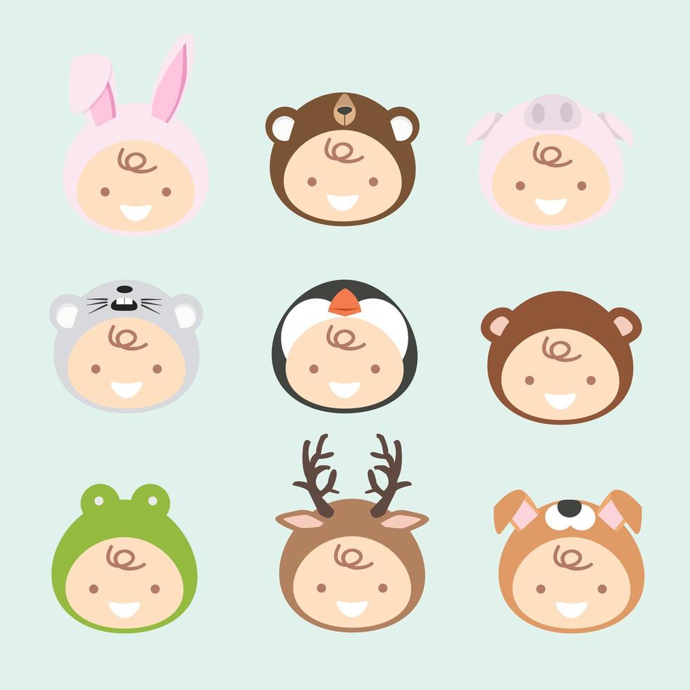 Collection of newborn babies wearing animal costumes vector