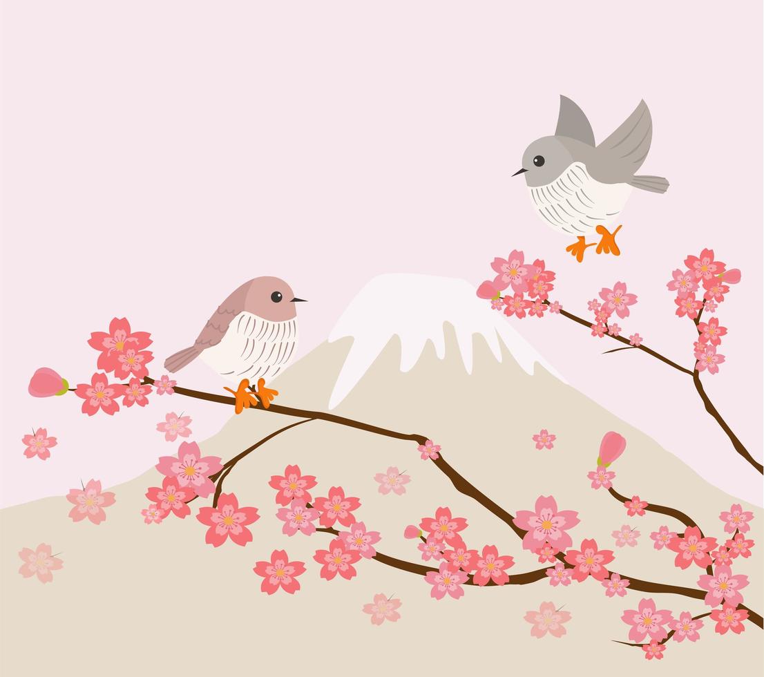 Lovely birds with cherry tree and mountain background vector