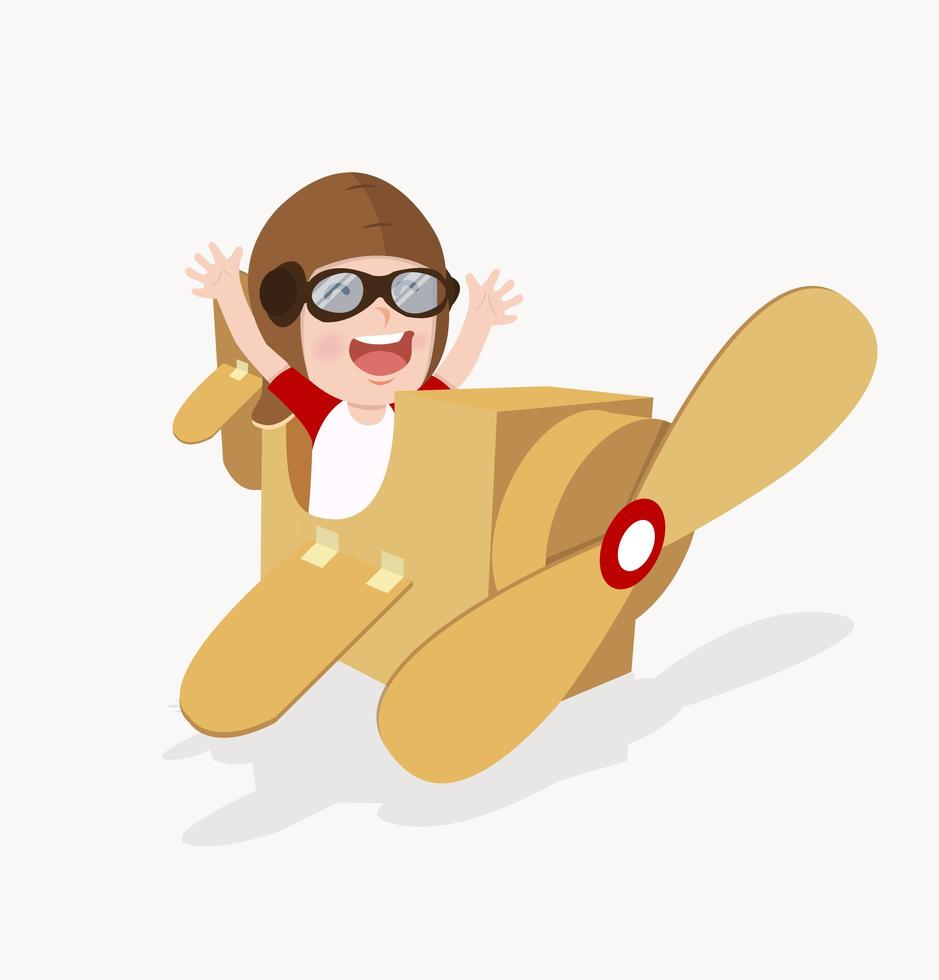 Boy pilot playing in cardboard airplane vector