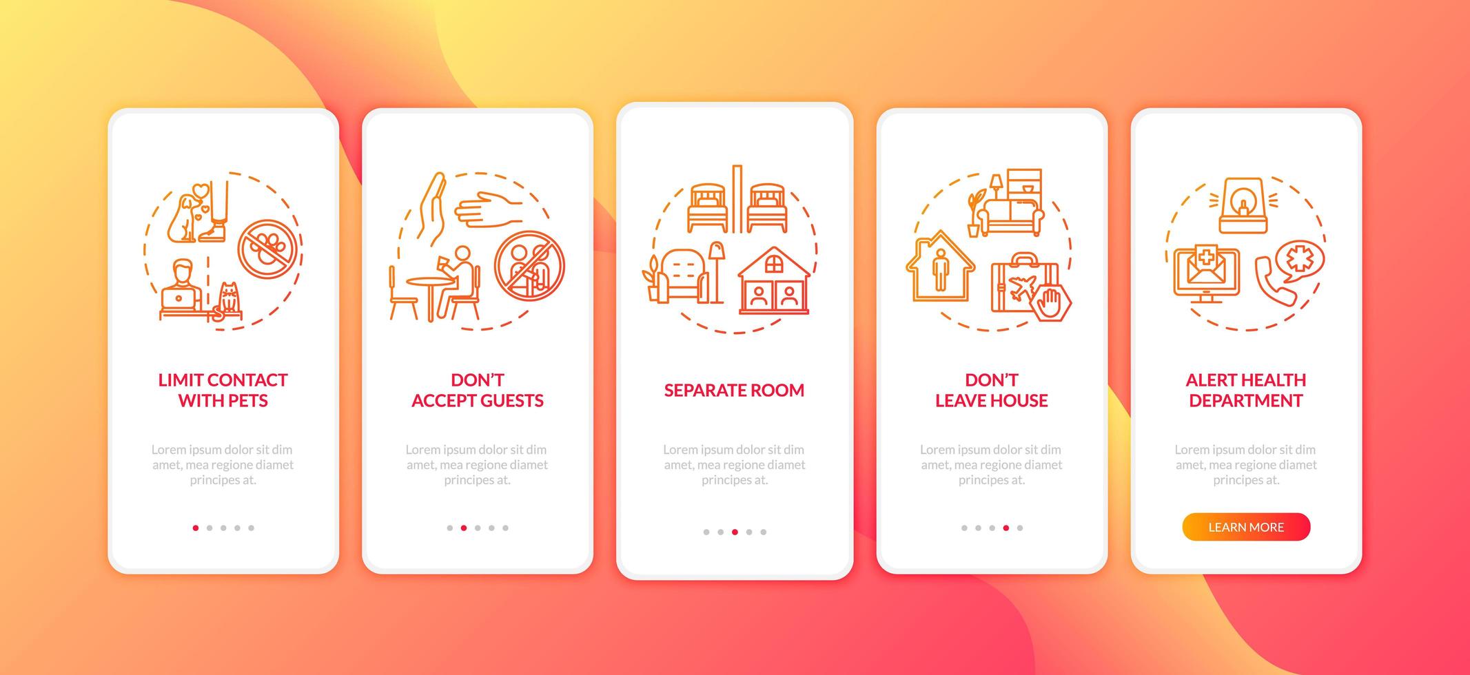 Self-isolation and hygiene tips onboarding mobile app vector