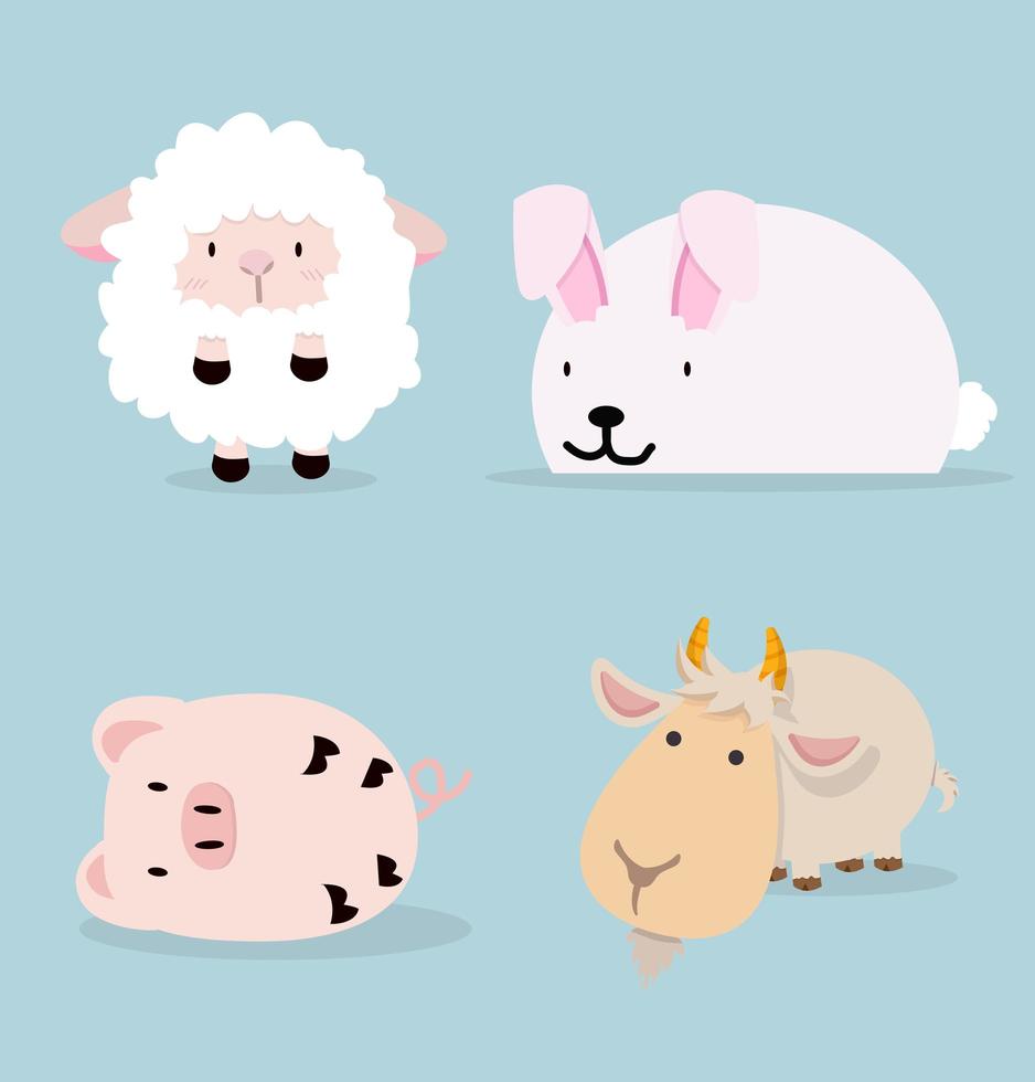 lindos animales bebés que incluyen ovejas, conejos, cerdos y cabras vector