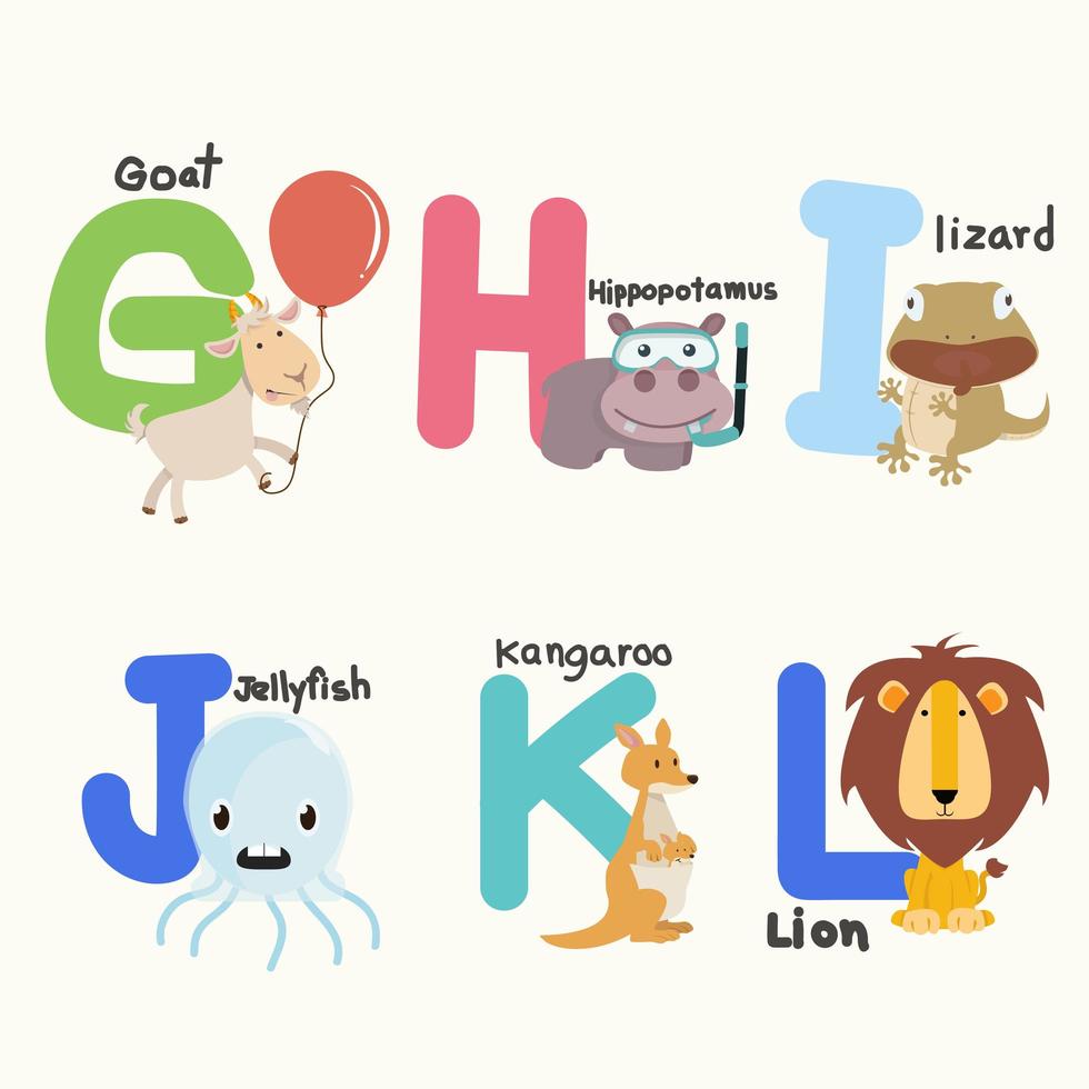 letras del alfabeto de la g a la l con animales lindos vector