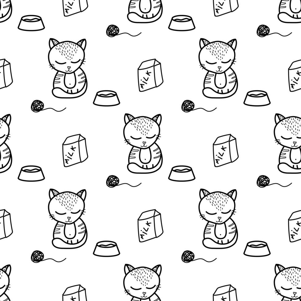Cute cat seamless pattern in doodle style vector