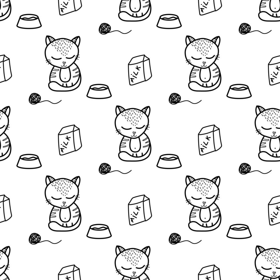 Cute cat seamless pattern in doodle style vector