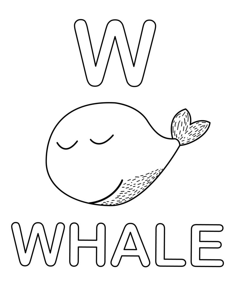 Alphabet coloring page with Whale animal in doodle style vector