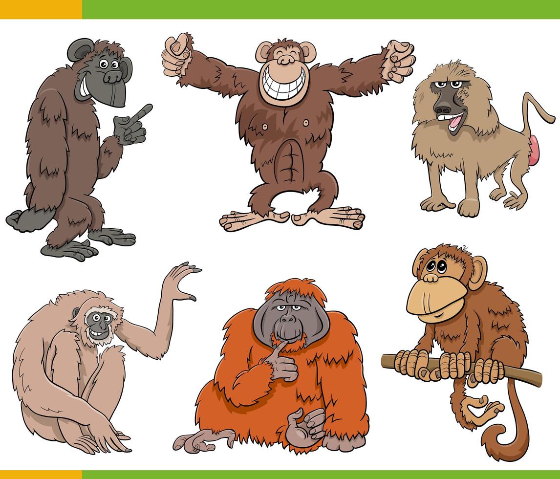 Monkeys and apes animal characters cartoon set vector