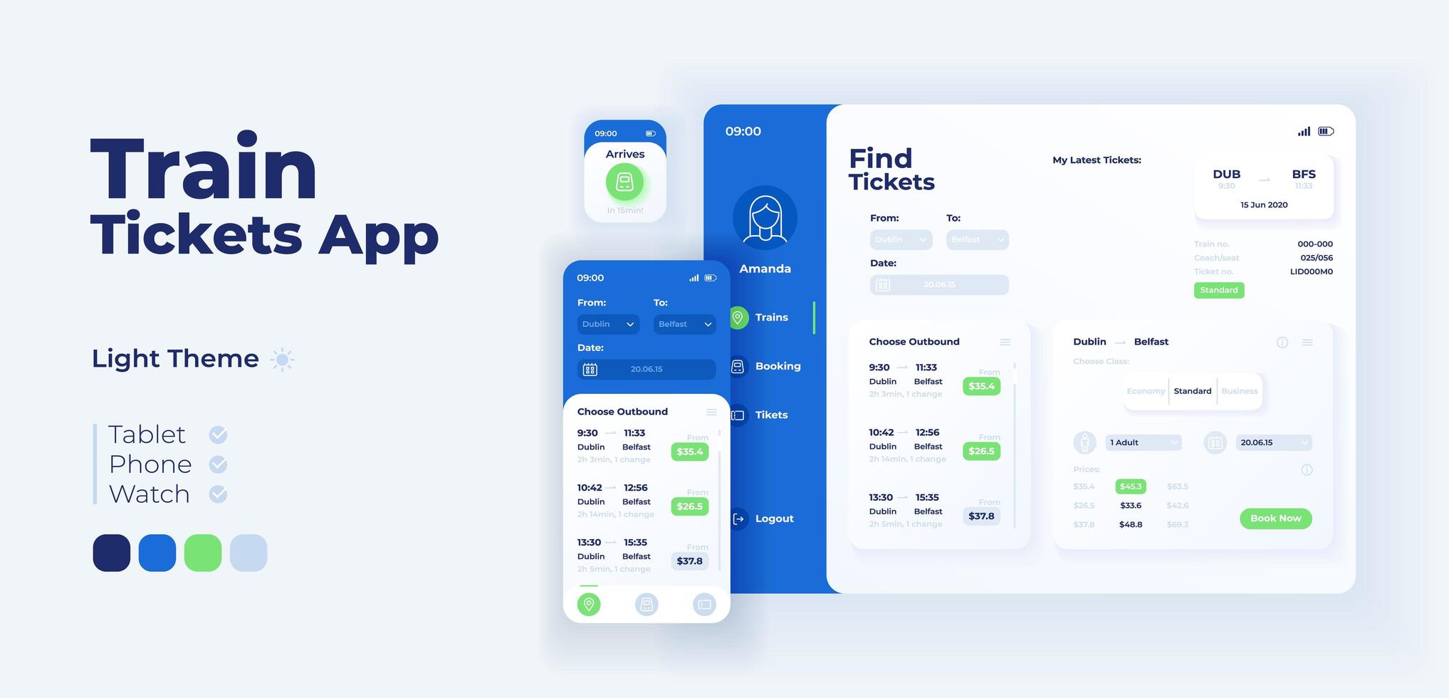 Train tickets app screen adaptive design template vector