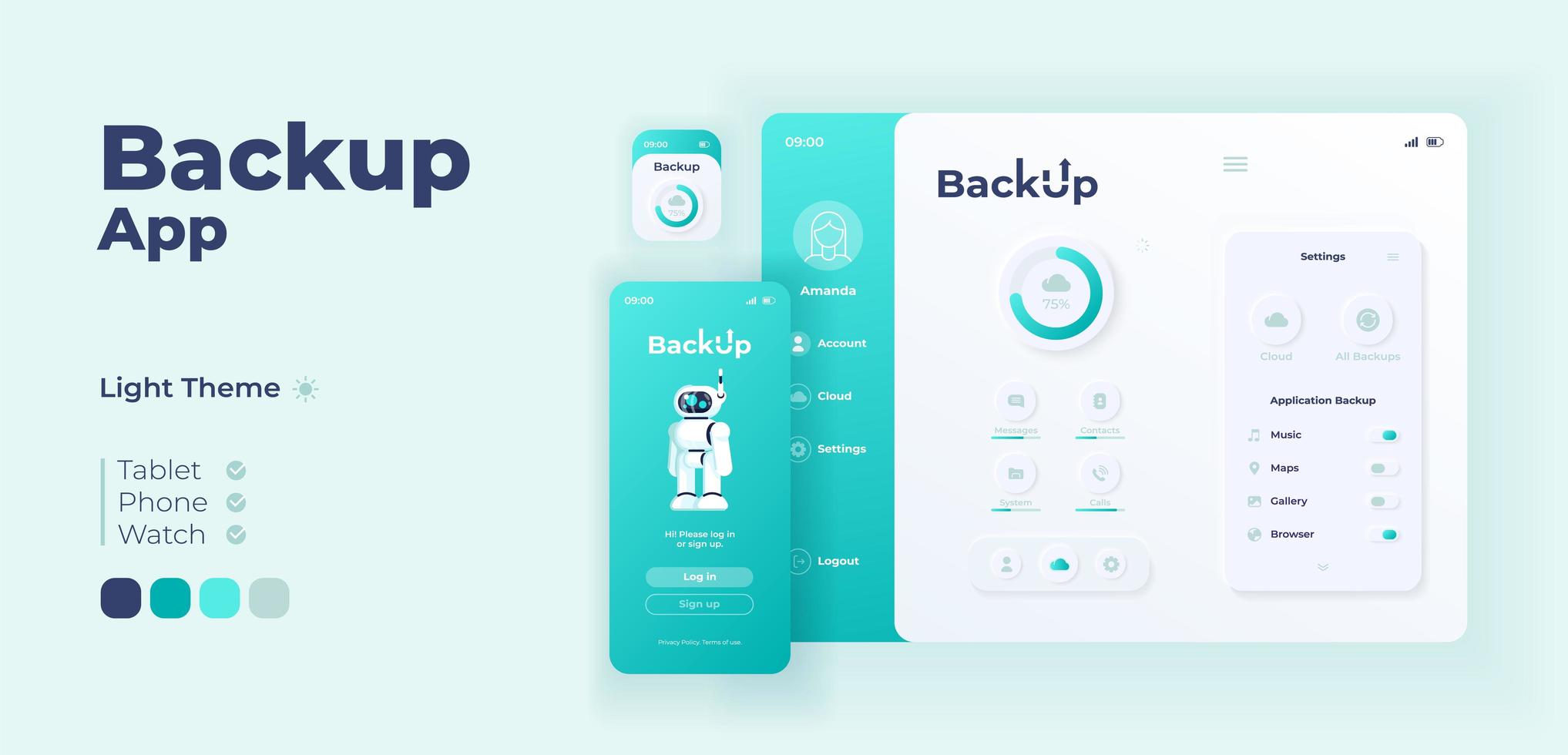 Backup app screen adaptive design template. vector