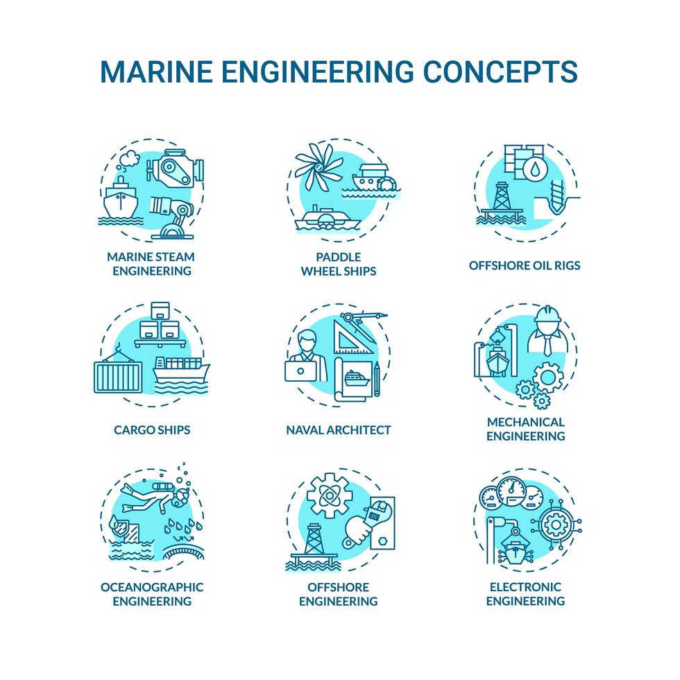 Conjunto de iconos de concepto turquesa de ingeniería marina. vector