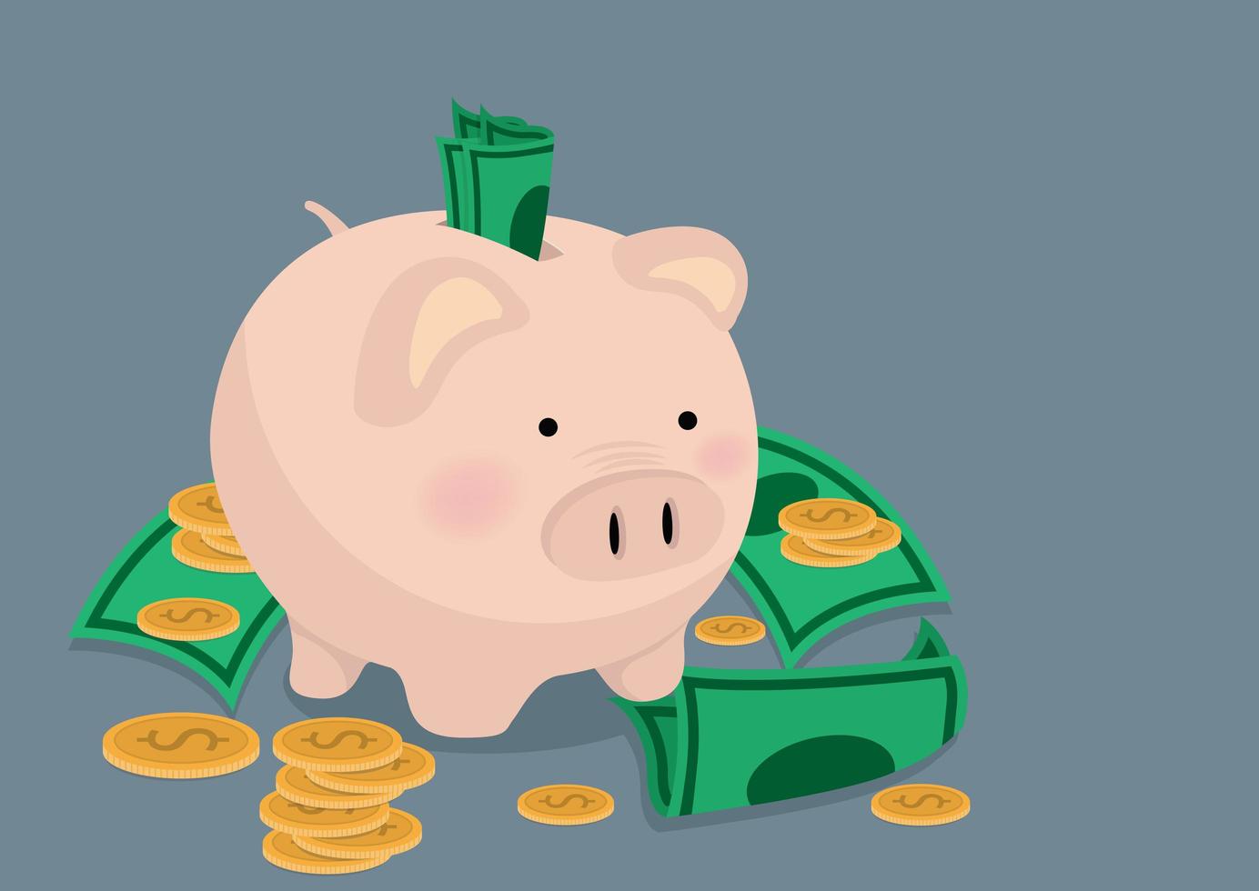 Piggy bank and lots of cash and coins vector