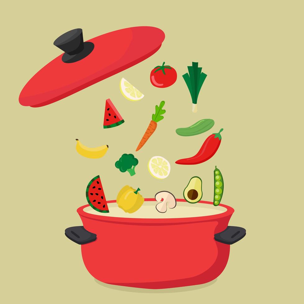 Big red cooking pot filled with healthy vegetables vector