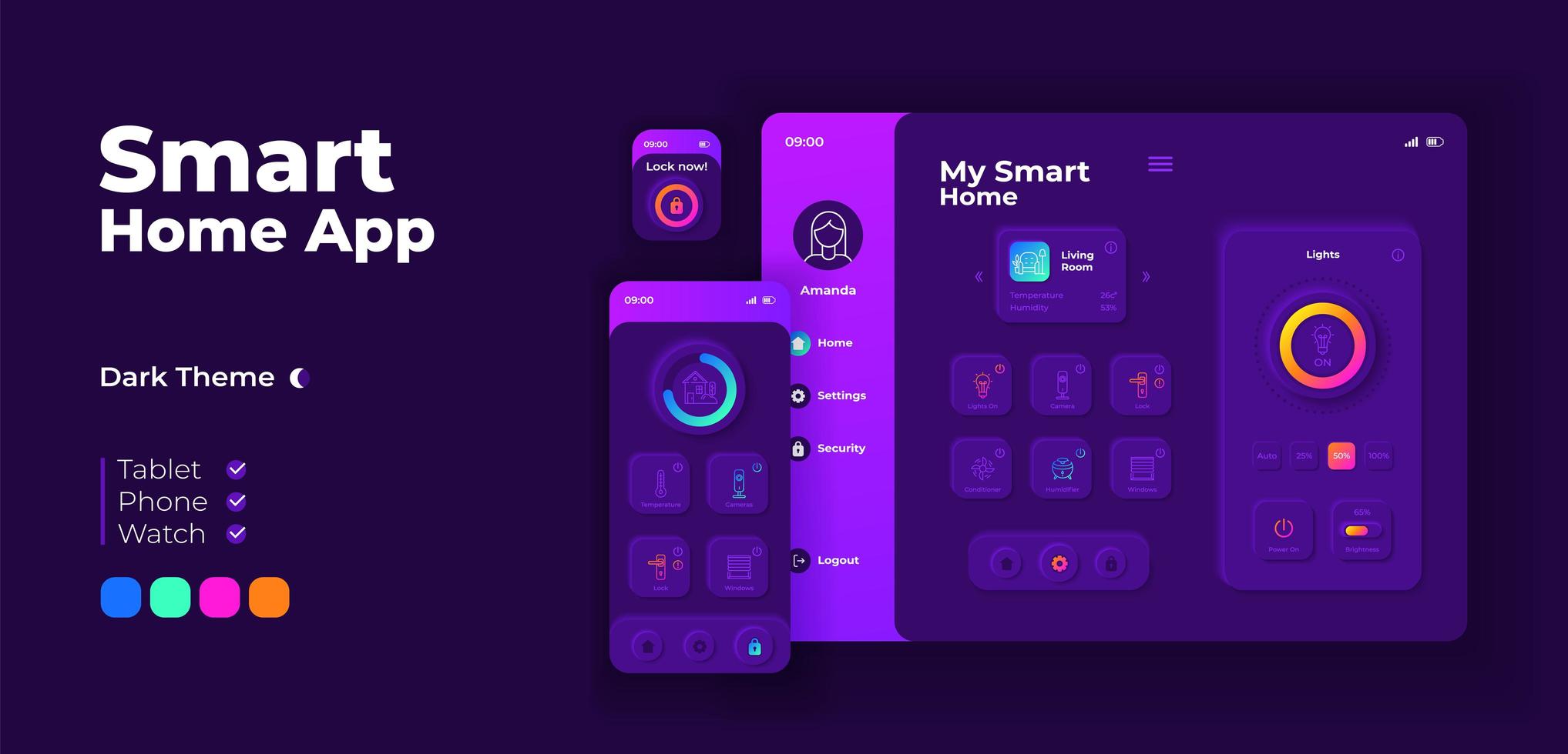 Smart home app screen adaptive design template. vector