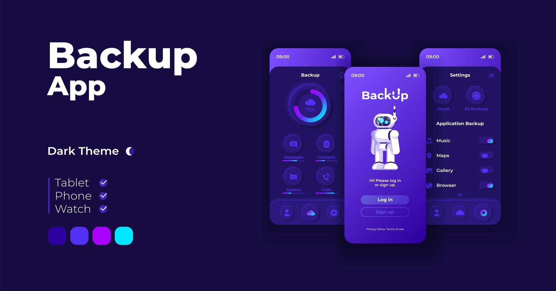 Backup application cartoon smartphone interface templates set. vector