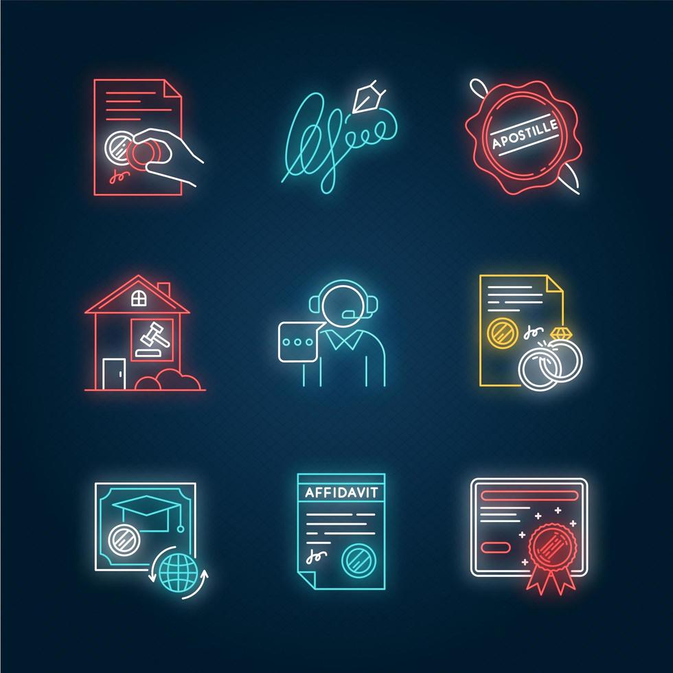 Notary services neon light icons set. vector