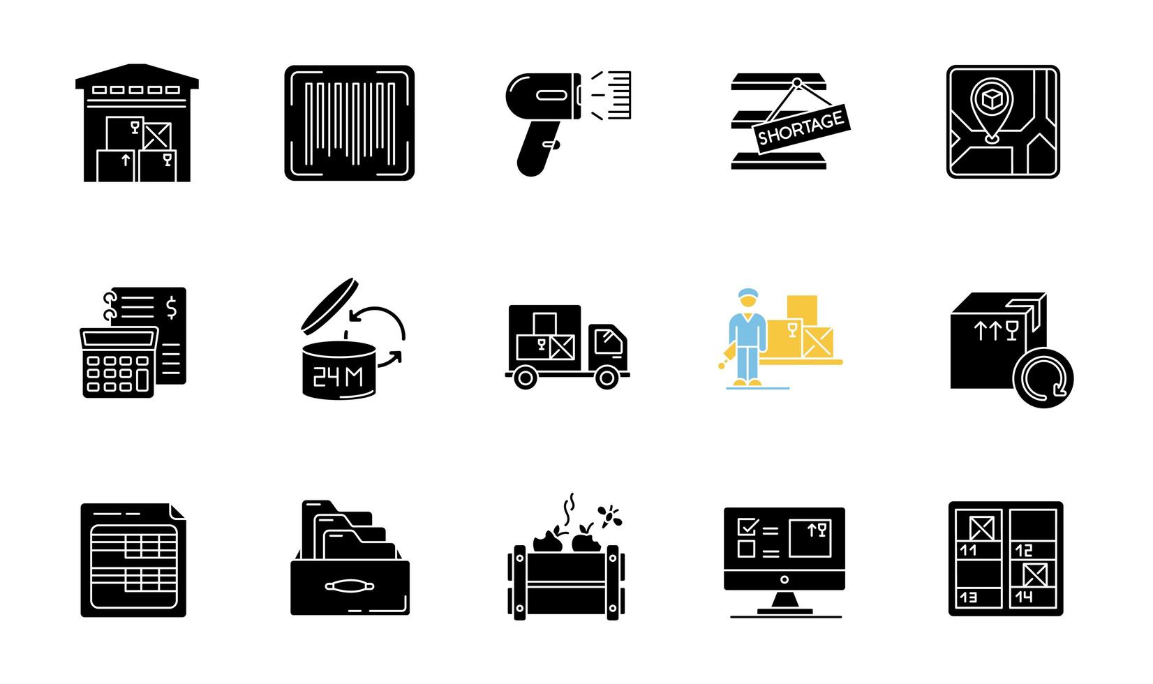 Inventory tracking black glyph icons set vector