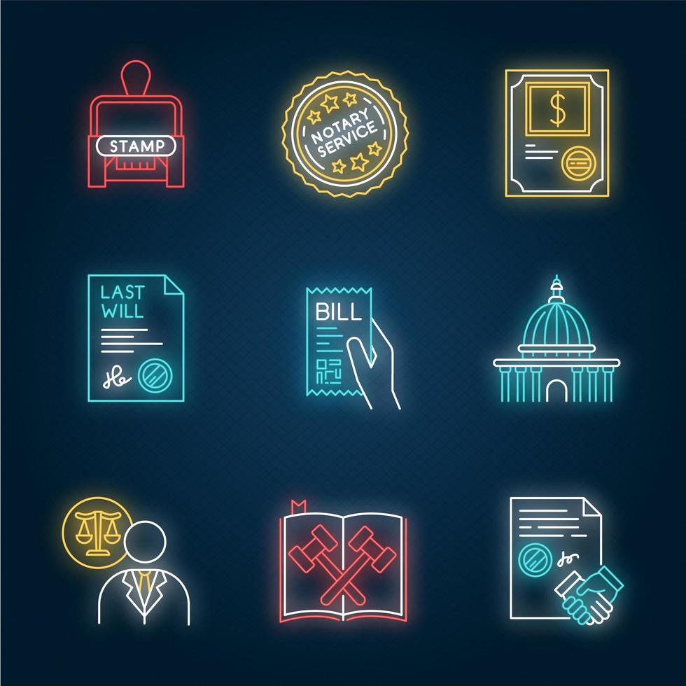 Notary services neon light icons set. vector