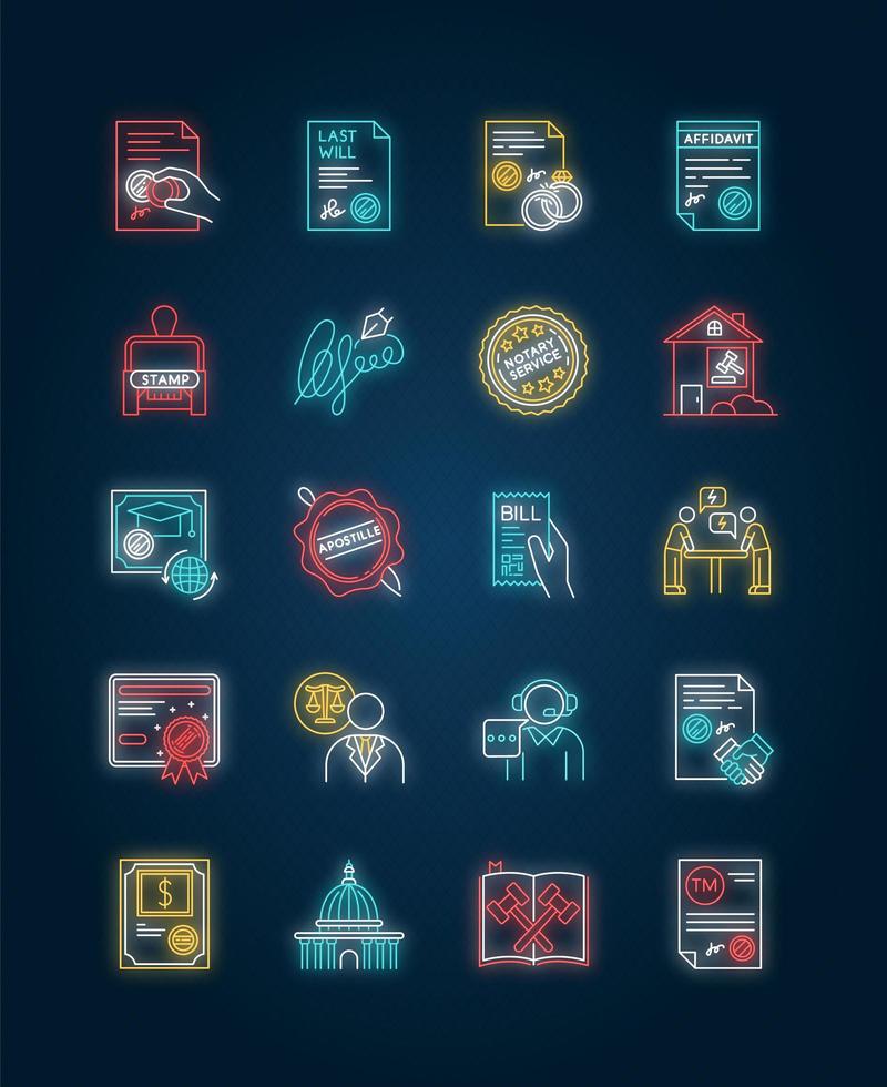 Notary services neon light icons set. vector