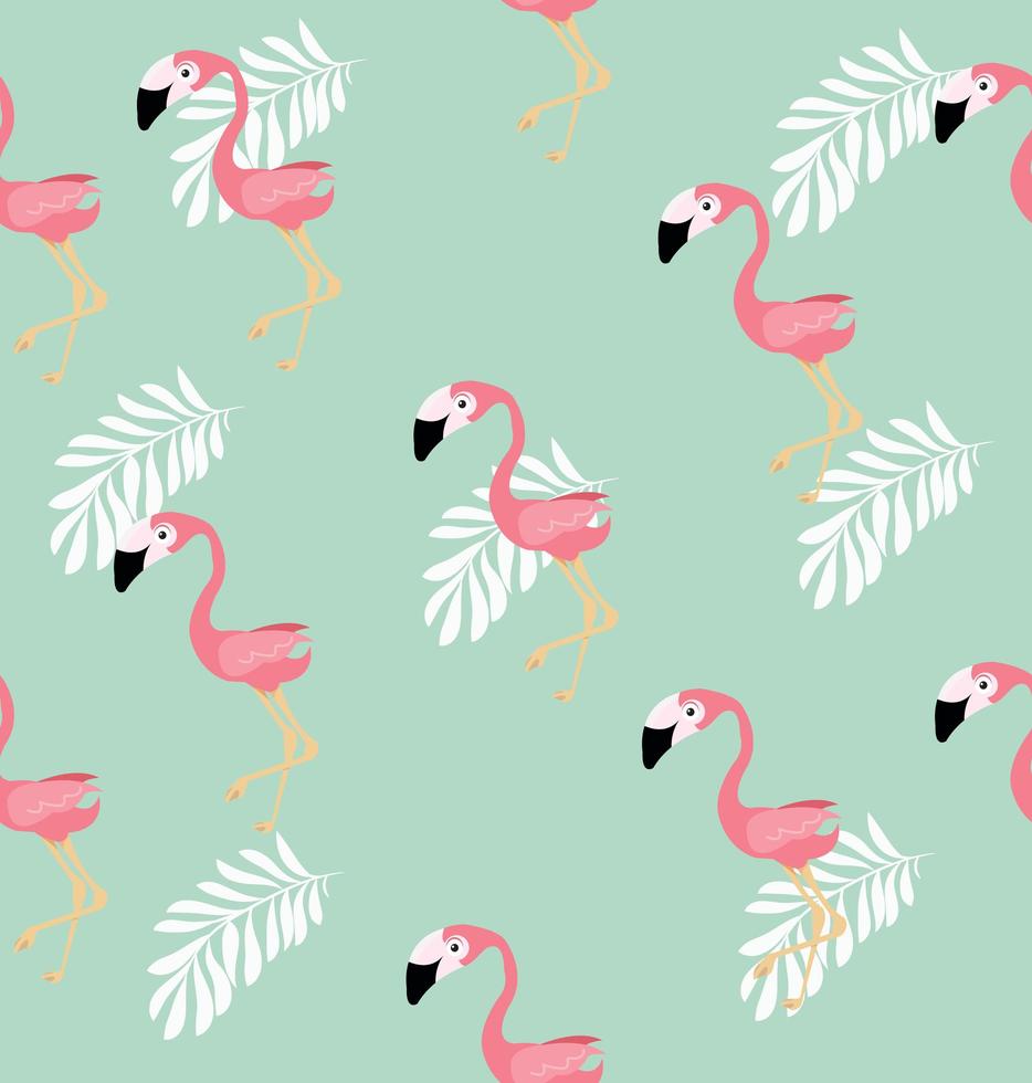 Seamless pattern of pink flamingos and palm leaves vector