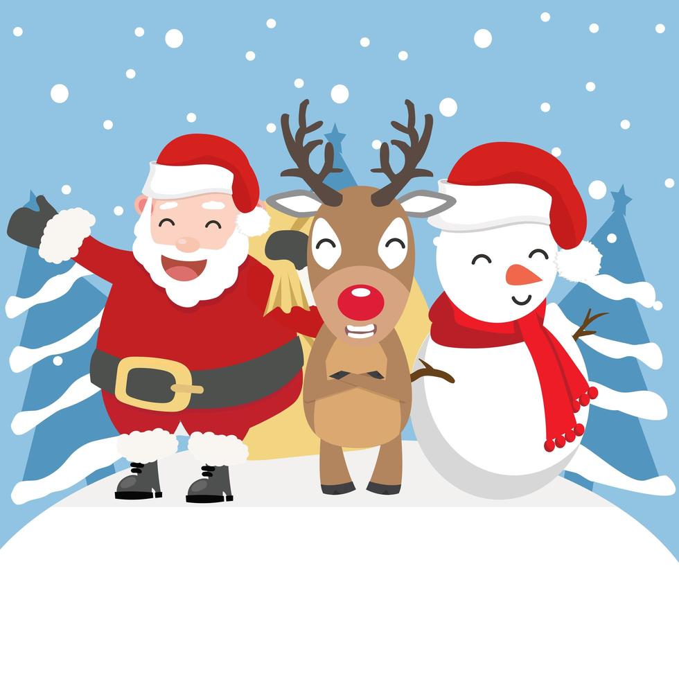 Papá Noel, renos y muñeco de nieve en invierno vector