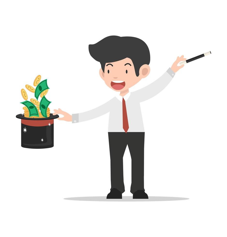 Businessman doing a magic trick with hat and money vector