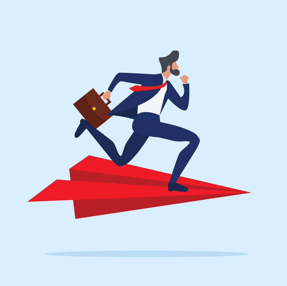 Businessman running on a red paper plane vector