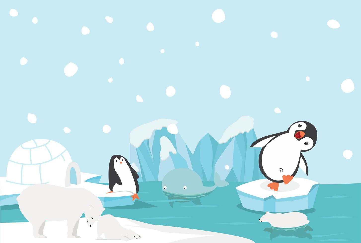 pingüinos y osos polares jugando en el paisaje ártico vector