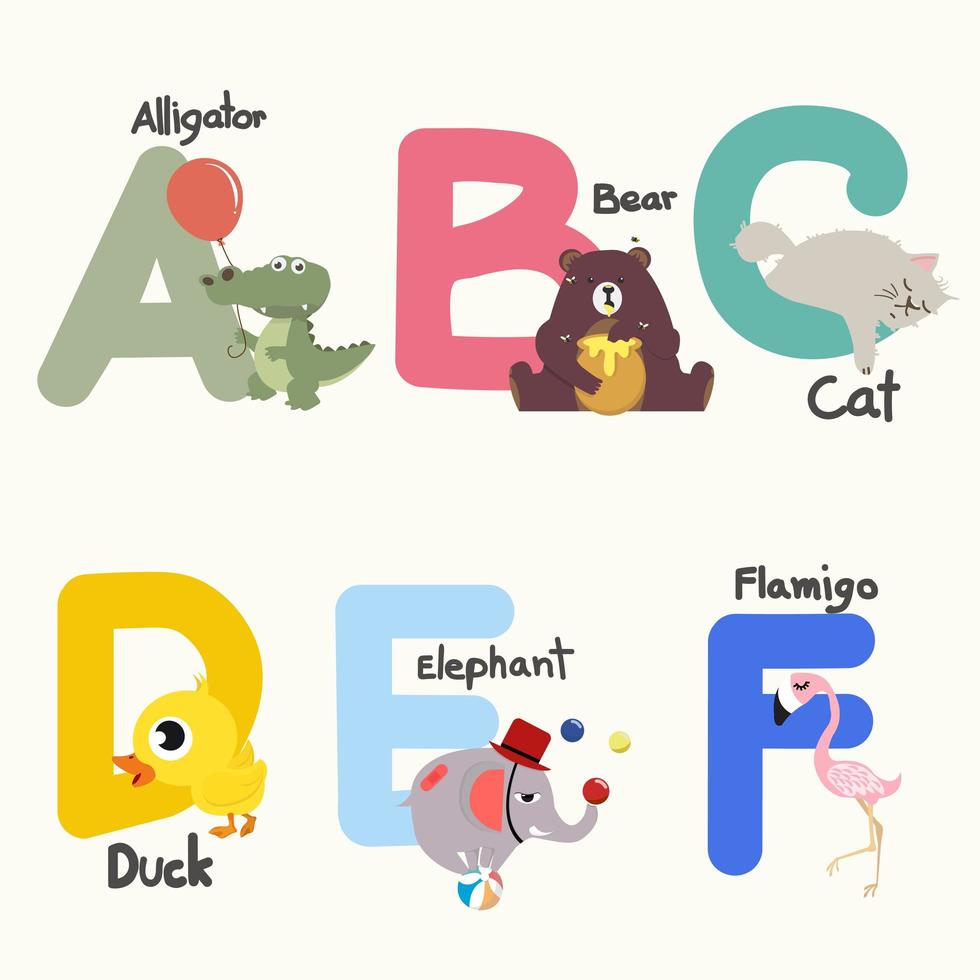 Alphabet letters A to F with matching animals vector