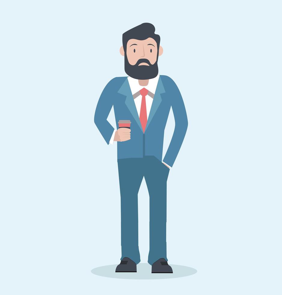 Bearded businessman in blue suit holding a coffee vector