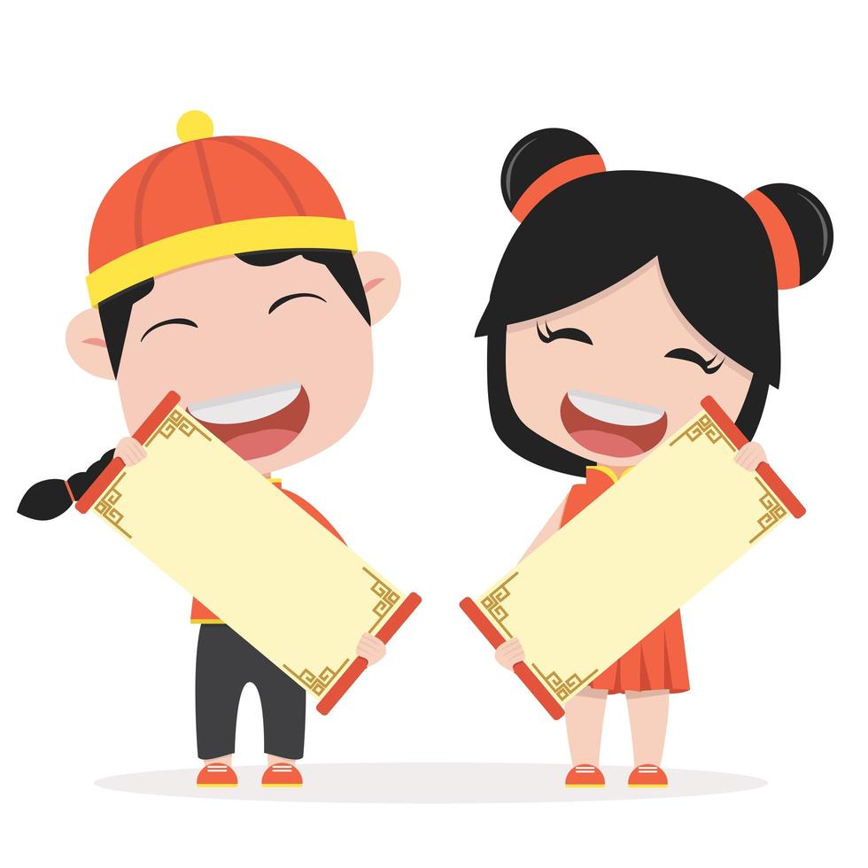 Kids in traditional Chinese clothing holding blank scrolls vector