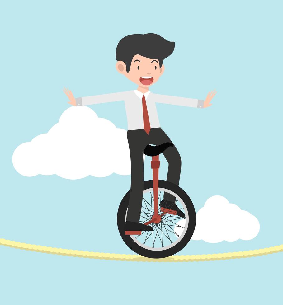 Happy businessman riding a unicycle on a tightrope vector