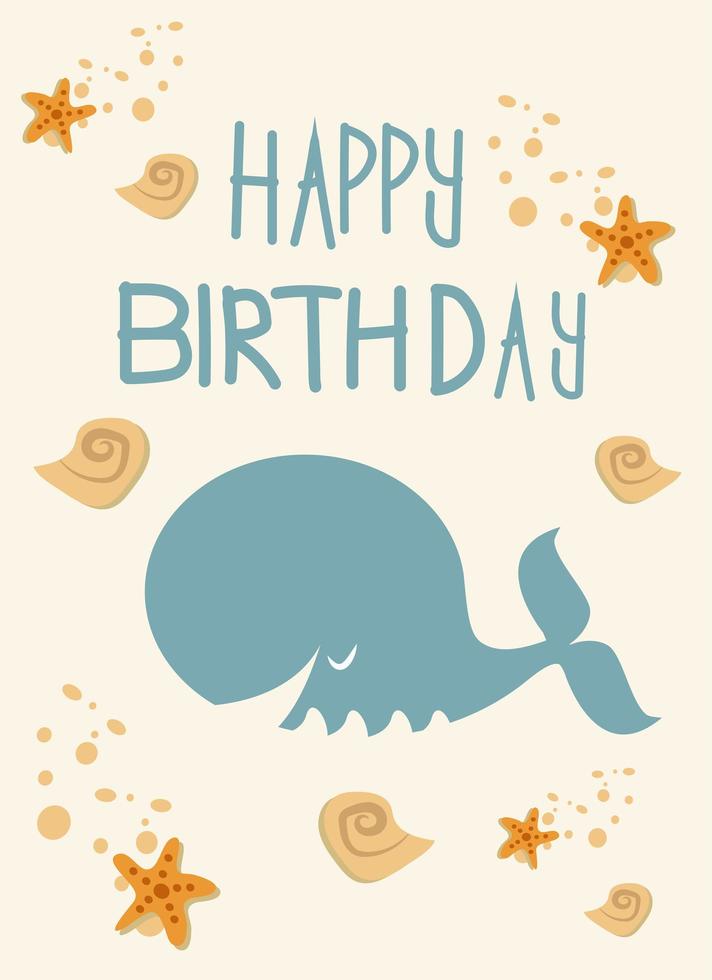 tarjeta de feliz cumpleaños con linda ballena azul vector