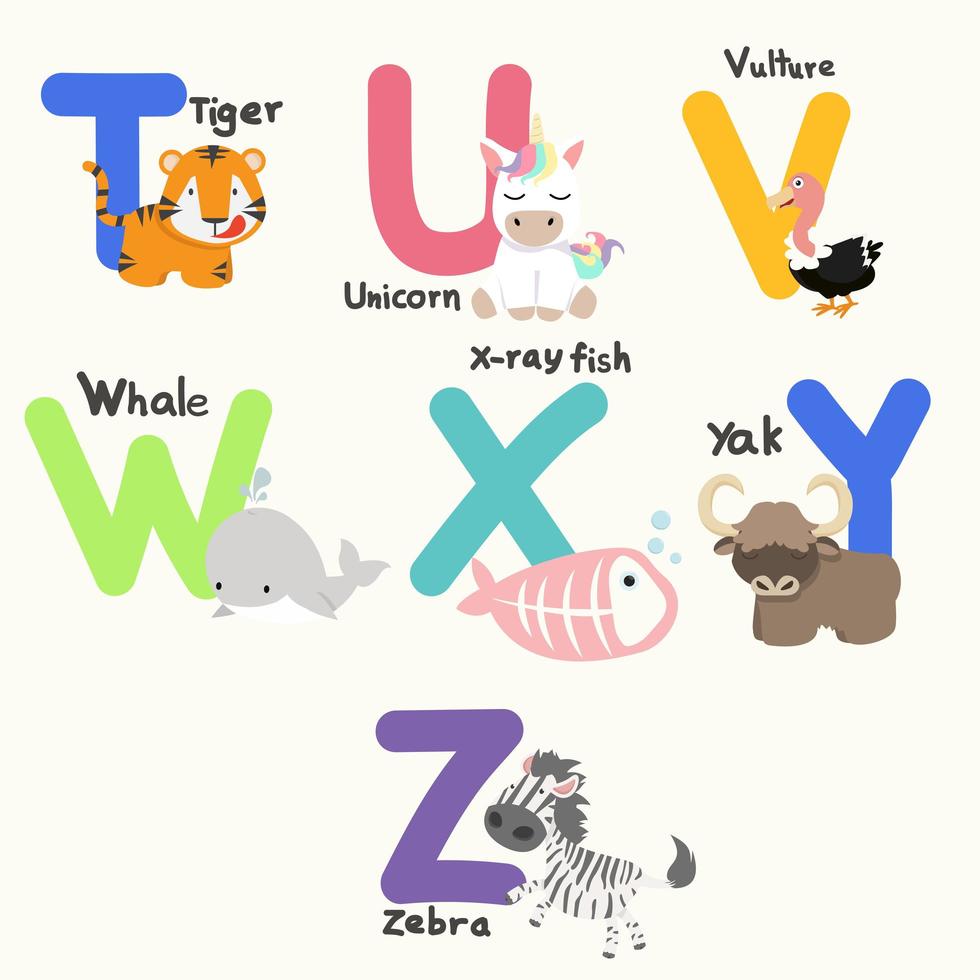 letras del alfabeto de la t a la z con lindos animales vector
