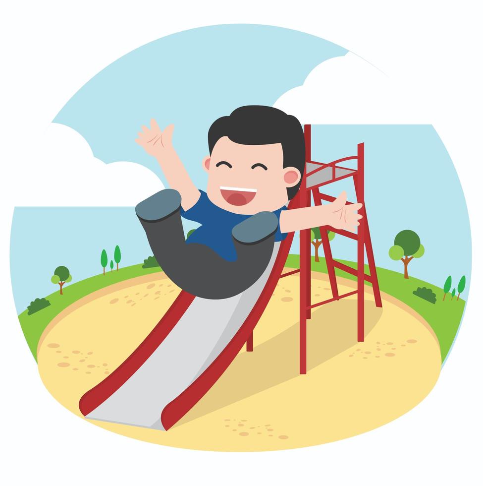 Happy boy playing on playground slide vector
