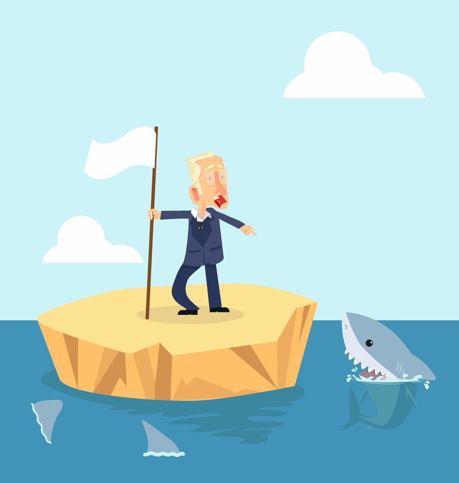 Scared businessman on an island surrounded by sharks vector