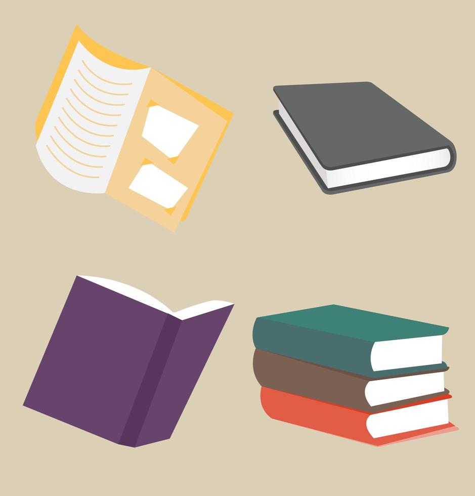 Collection of open, closed, and stacked books vector