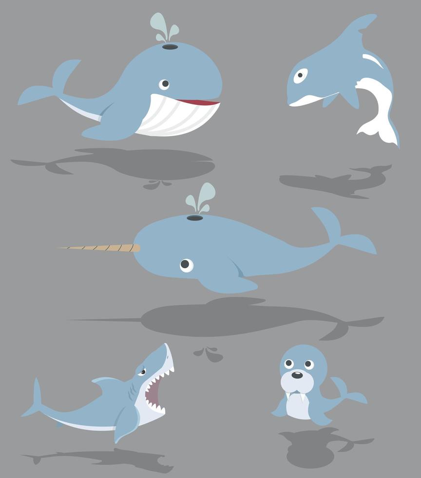 Collection of cute whales and sharks vector