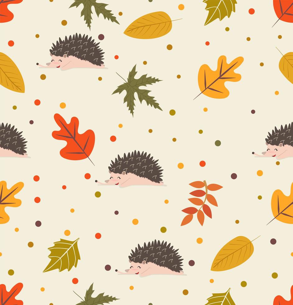 Seamless pattern of hedgehogs and autumn leaves vector